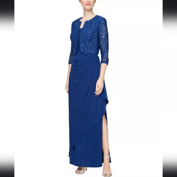Alex Evenings Dresses & Skirts - NWT Alex Evenings 2-Pc Lace Glitter Bolero Gown in Royal Blue Size 8 Petite